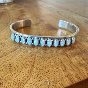 Silver Opal Row Cuff Bracelet - White Opal Accent